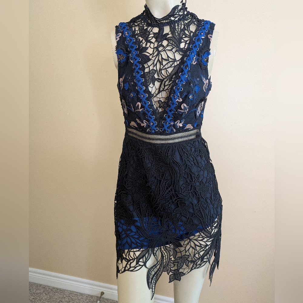 Self Portrait Black Blue Lace High Neck Midi Short Dress Women's Size 6